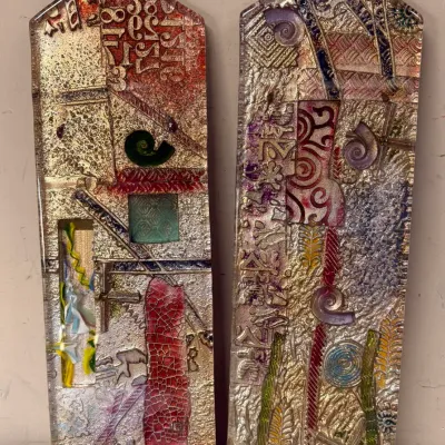 2 Contemporary Textured Mixed Media Art Panels with Metallic Finish by Gerry Newcomb 20th Century