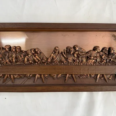 Framed The Last Supper Bas-Relief Wall Art: Copper-Tone Religious Decor