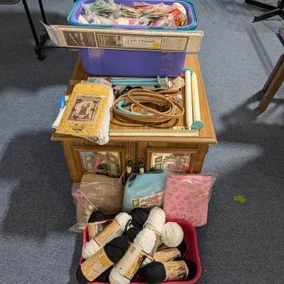 Quilting, Knitting, & Cross Stitch Lot: Yarn, Colored String, Large Needles, Refer To Photos - Estate Sales Warehouse (GR)
