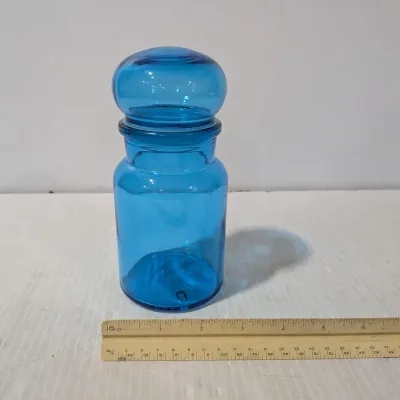 Vintage MCM Aqua Blue Glass Apothecary Jar, Excellent Condition, Made In Belgium - Estate Sales Warehouse (GR)