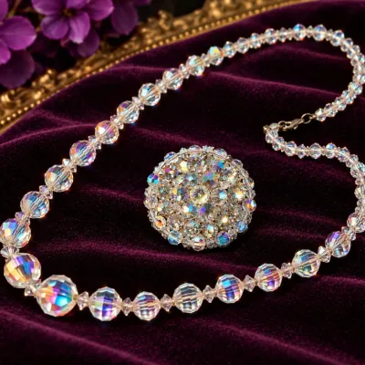 Vintage Aurora Borealis Faceted Glass Necklace & Dazzling AB Rhinestone Cluster Brooch - Potterville