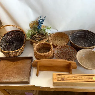 Home Decor and Wicker Baskets Lot: Wooden Tray, Storage Baskets and Chateau Grand Traverse Wine Box