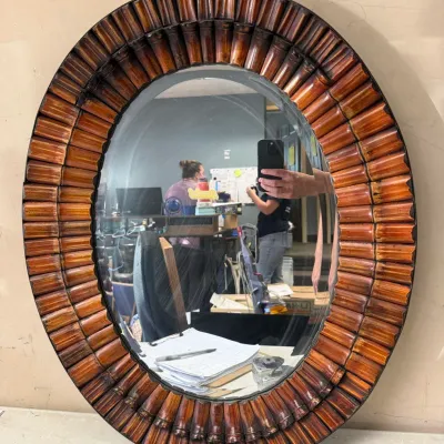 Vintage Bamboo-Style Carved Wood Framed Oval Wall Mirror