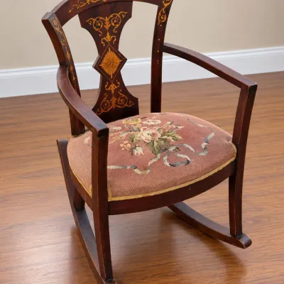 Antique Rocking Chair Featuring Floral Marquetry and Inlay Work on the Backrest