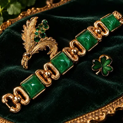 Vintage Emerald Green Marbled Bracelet, Rhinestone Botanical Brooch & Enamel Shamrock Pin - Potterville