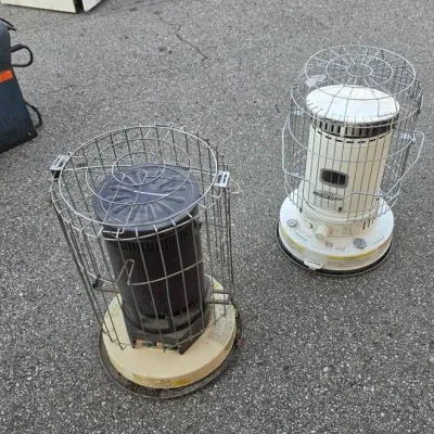 Two Kerosene Heaters - Vintage Portable Convection Heaters with Wire Guards, Cream and Brown