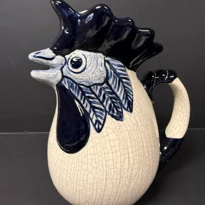 Blue and White Crackle Glaze Rooster Pitcher: Ceramic Decorative Water Jug