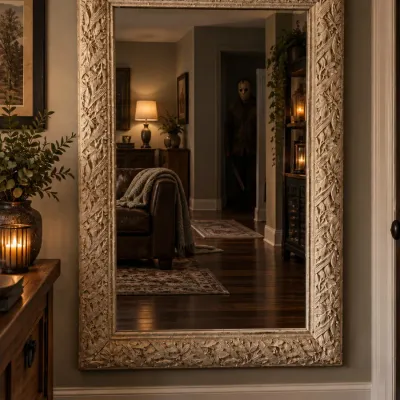 Large Rectangular Decorative Wall Mirror w/ Distressed White-Painted Patterned Wood Frame