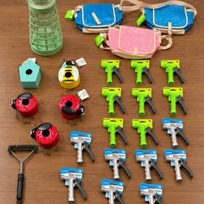 End of Season Collection of Brand New Metal Bird Houses, Lantern, Hose Nozzles and More
