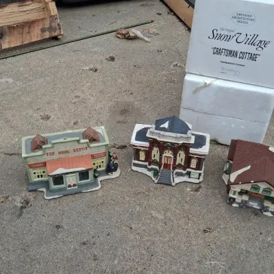 Sale Photo Thumbnail #44: Vintage Christmas Village Pieces and Glass Snowglobe Snowman