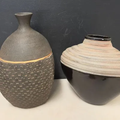 Pair of Stoneware Art Pottery Vases, 13.5 in. and 11 in. Tall