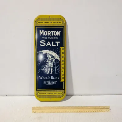 Vintage Morton Salt Co. Metal Wall Thermometer Great Vintage Condition, Still Has Thermometer, Works - Estate Sales Warehouse (GR)