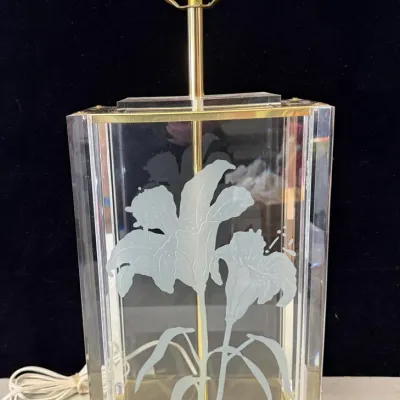 Fredrick Ramond Vintage 1985 Etched Glass and Lucite Brass Table Lamp