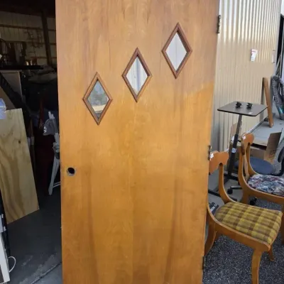 Vintage Wood Door with Three Diamond Windows - 36 x 78 Inch Mid-Century Door
