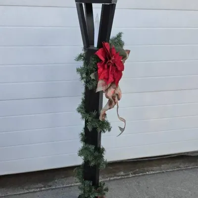 Black Wooden Christmas Lamp Post Decoration - Garland, Poinsettia and Happy Holidays Sign
