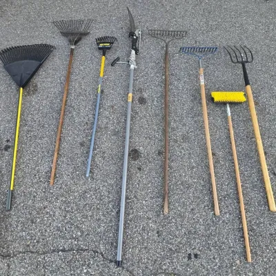 Lot of Yard Tools - Leaf Rakes, Pole Pruner, Pitchfork and Brush