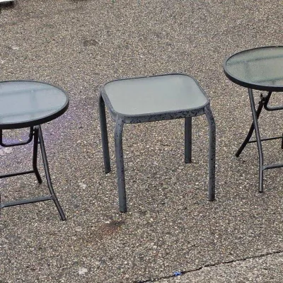 Set of 3 Glass-Top Metal Patio Side Tables - Round, Square and Folding End Tables