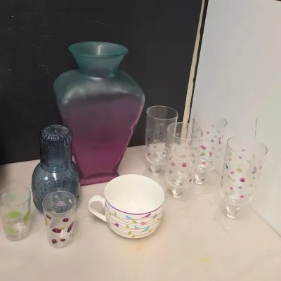 Teal and Pink Glass, Ceramic, and Acrylic Dishes