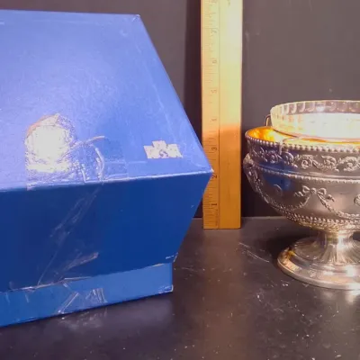 Japanese Silverplate Pedestal Bowl with Cut Glass Insert and Original Box. - Potterville