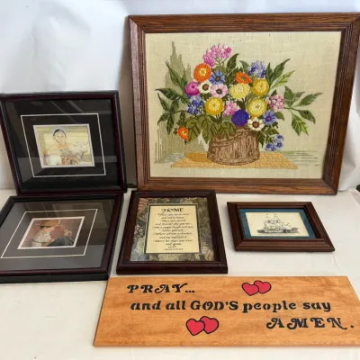 Framed Artwork, Prints and Wooden Decorative Sign Lot: Needlepoint Floral and Calligraphy Wall Decor