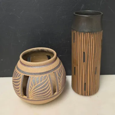 Pair of Studio Pottery Vases, Sgraffito Cylinder and Carved Globe