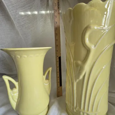 MCM Abingdon Ceramic Vases - Yellow with Heron Among Reeds 13.5"H 6.5"W