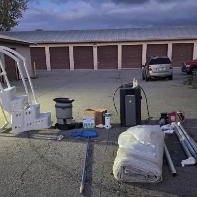Pool Equipment Lot - Rheem Pool Heater, Hayward Swim Pro LX Pump, Voyager Filter, Ladder and Covers