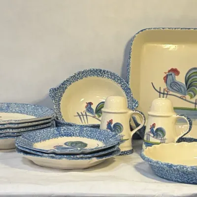 N.S. Gustin Collection of China with Blue Rooster - Plates, Casserole, Pie Plate, Bowls, More