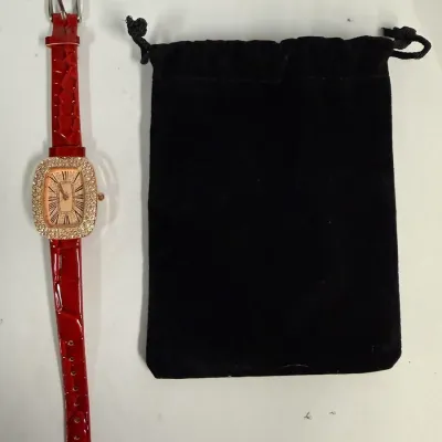 Rhinestone Accent Women's Wristwatch: Red Faux-Crocodile Strap & Velvet Pouch