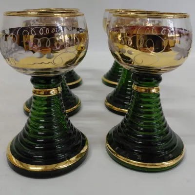6 German Romer Wine Goblets - Green Ribbed Beehive Stems, Gold Banded Rims, Etched Grape