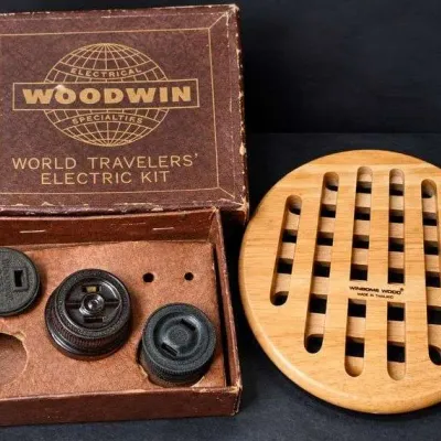 Vintage Woodwin Traveler's Electrical Adapter Kit & Windome Wood Round Trivet - Potterville