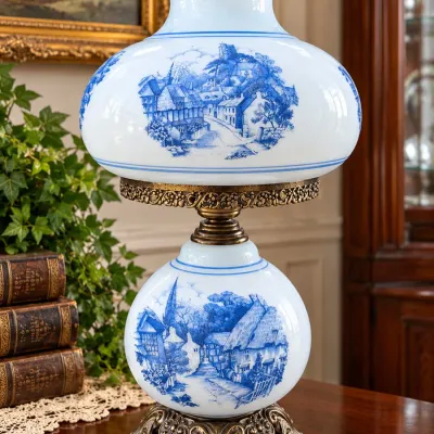Oversized Unique Delft Style Blue & White Scenic Double Globe Hurricane Lamp with Glass Chimney - Potterville