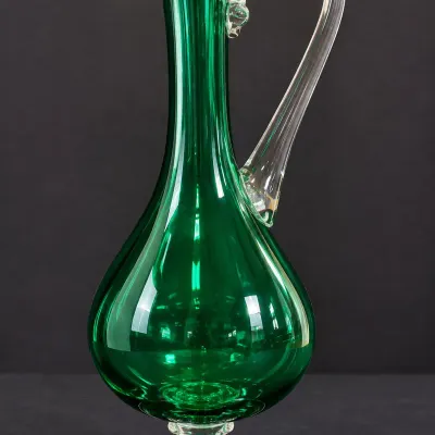 Empoli Emerald Green Hand-Blown Art Glass Ewer Pitcher with Clear Handle and Foot - 12" - Potterville