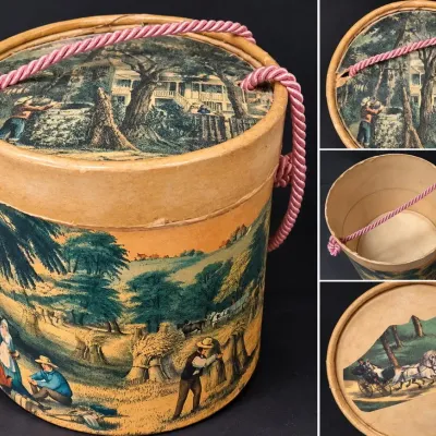 Antique Lithographed Pasteboard Childs Hat/Muff Box With Pastoral Carriage Scenes 1800s - Potterville