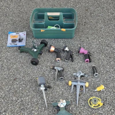 Sprinkler and Hose Nozzle Lot - Lawn Accessories with Green Tote
