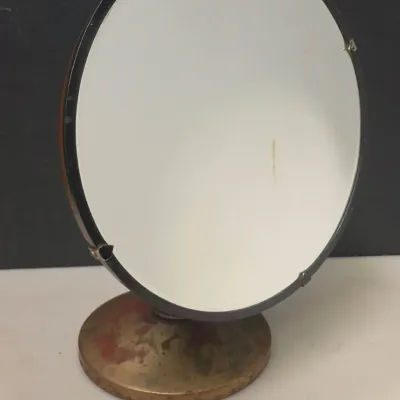 Vintage Round Beveled Vanity Mirror w/ Brass Pedestal Base