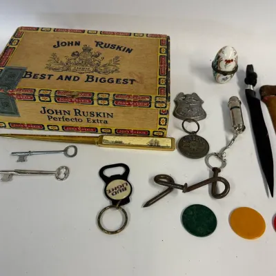 John Ruskin Cigar Box & Mixed Collectibles Lot: Skeleton Keys, Poker Chips & Novelties #2