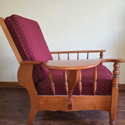 1950's Cherry Spindle Reclining Maroon Cushion Side Chair, Professionally Refinished