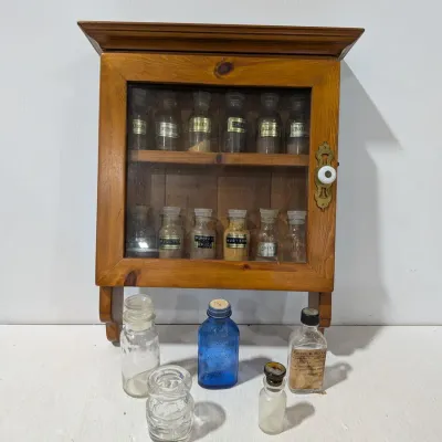 Vintage Wooden Wall Mounted Spice Rack With Glass Front Door & Latch: Comes With Spice Containers - Estate Sales Warehouse (GR)