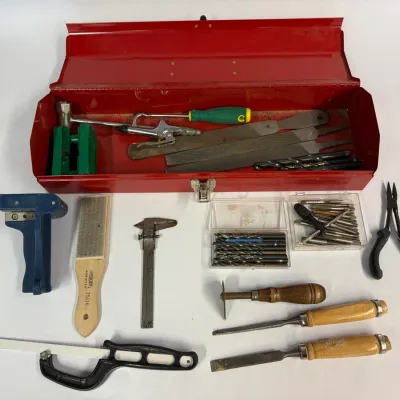 Vintage Red Metal Toolbox Tool Lot: Chisels, Drill Bits, Files & Hand Tools