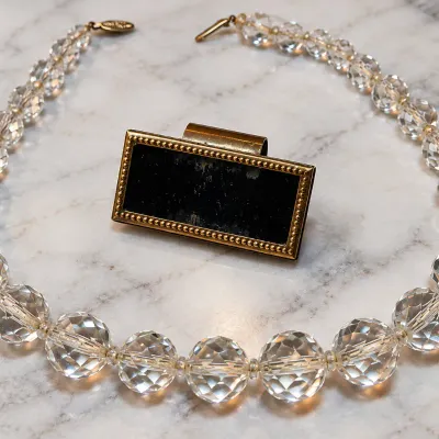 Vintage Graduated Faceted Crystal-Style Necklace & Brass Lipstick Mirror Clip 2-Piece Lot - Potterville