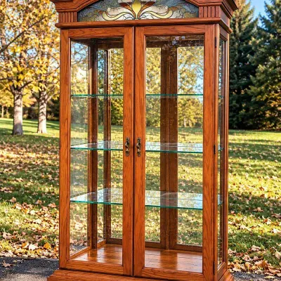 Elegant Oak Curio Display Cabinet with Stained Glass Arch, Glass Doors & 3 Glass Shelves - Potterville