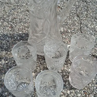 Sale Photo Thumbnail #68: Vintage Pressed Clear Glass Lemonade Pitcher w/ 6 Tumblers