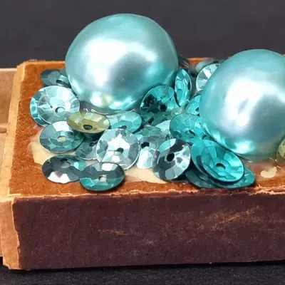 Vintage Decorated Sliding Matchbox with Aqua Blue Faux Pearls and Sequins - Potterville