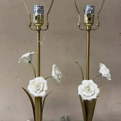 Pair of Gold Finish Metal and White Ceramic Floral Table Lamps