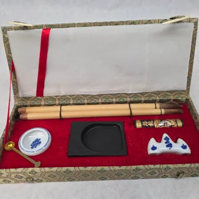 Vintage East Asian Calligraphy and Writing Set in Silk-Brocade Presentation Box