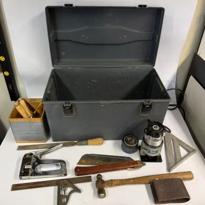 Rockwell Laminate Trimmer Tool Lot: Plastic Toolbox, Saws, Squares & Accessories
