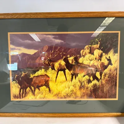 Framed Elk Herd Wildlife Print: Mountain Meadow Landscape Art by S. Beecham