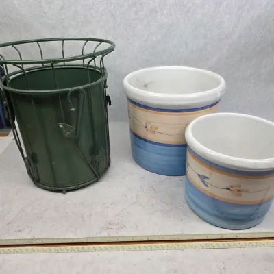 2 Vintage Ceramic Crock Planters w/ Green Metallic Planter