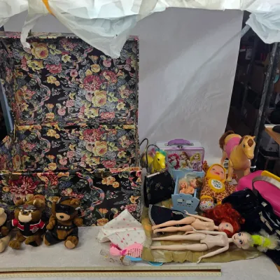 Vintage Floral Cardboard Storage Box w/ Barbie Dolls and Other Toys